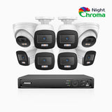 NightChroma<sup>TM</sup> NCK500 - 3K 8 Channel PoE Security System with 6 Bullet & 2 Turret Cameras, Acme Color Night Vision, f/1.0 Super Aperture, Active Alignment, Built-in Microphone, IP67, All-Metal Housing